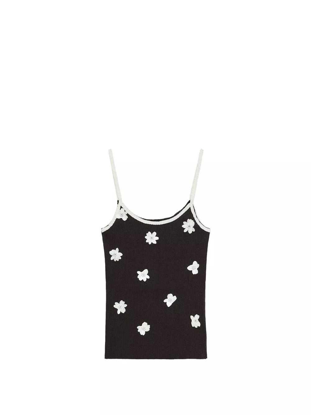 Zara Black Knit Cami Tank with White Floral Appliqués